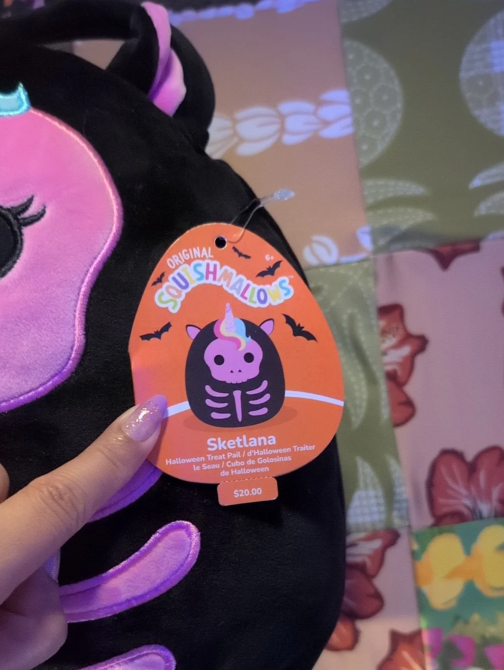 Squishmallows Black Plush Unicorn Skeleton Backpack with Pink Accents